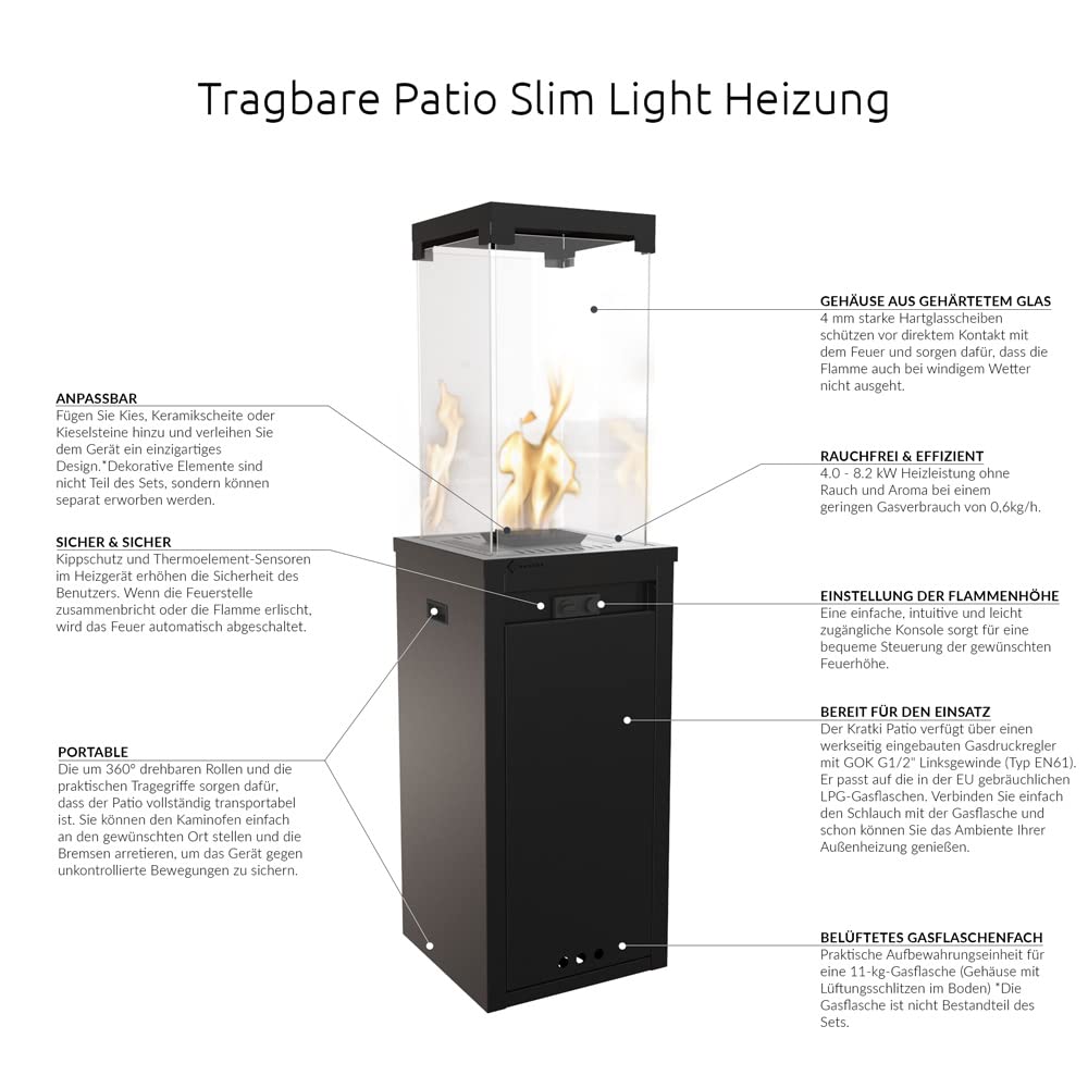 Kratki Patio Light Gas Terrassenheizer-Feuerstelle-Gaskamin-Aussenkamin -Terrassenkamin-Balkon-Gartenkamin-Gas-Gartenheizer auf Rädern- 8,2kW G30/50mbar Schwarz
