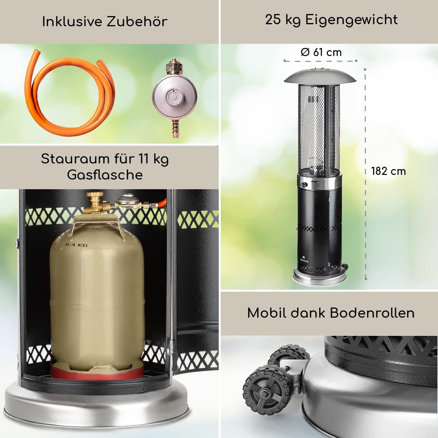 Blumfeldt Heizpilz Gas für Terrasse, Garten & Balkon, Terrassenheizer mit 360°Flammen-Blick, Outdoor-Gasheizstrahler, Terrassen-Heizer mit Elektrischer Zündung, Gas-Heizstrahler mit Bodenrollen
