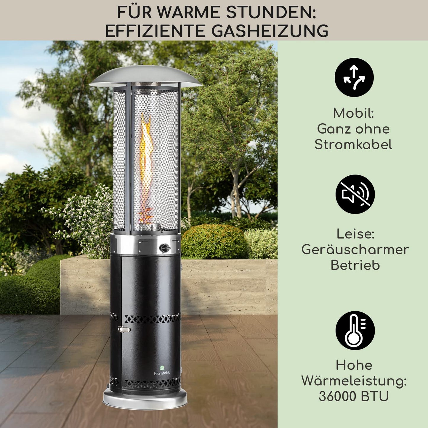 Blumfeldt Heizpilz Gas für Terrasse, Garten & Balkon, Terrassenheizer mit 360°Flammen-Blick, Outdoor-Gasheizstrahler, Terrassen-Heizer mit Elektrischer Zündung, Gas-Heizstrahler mit Bodenrollen