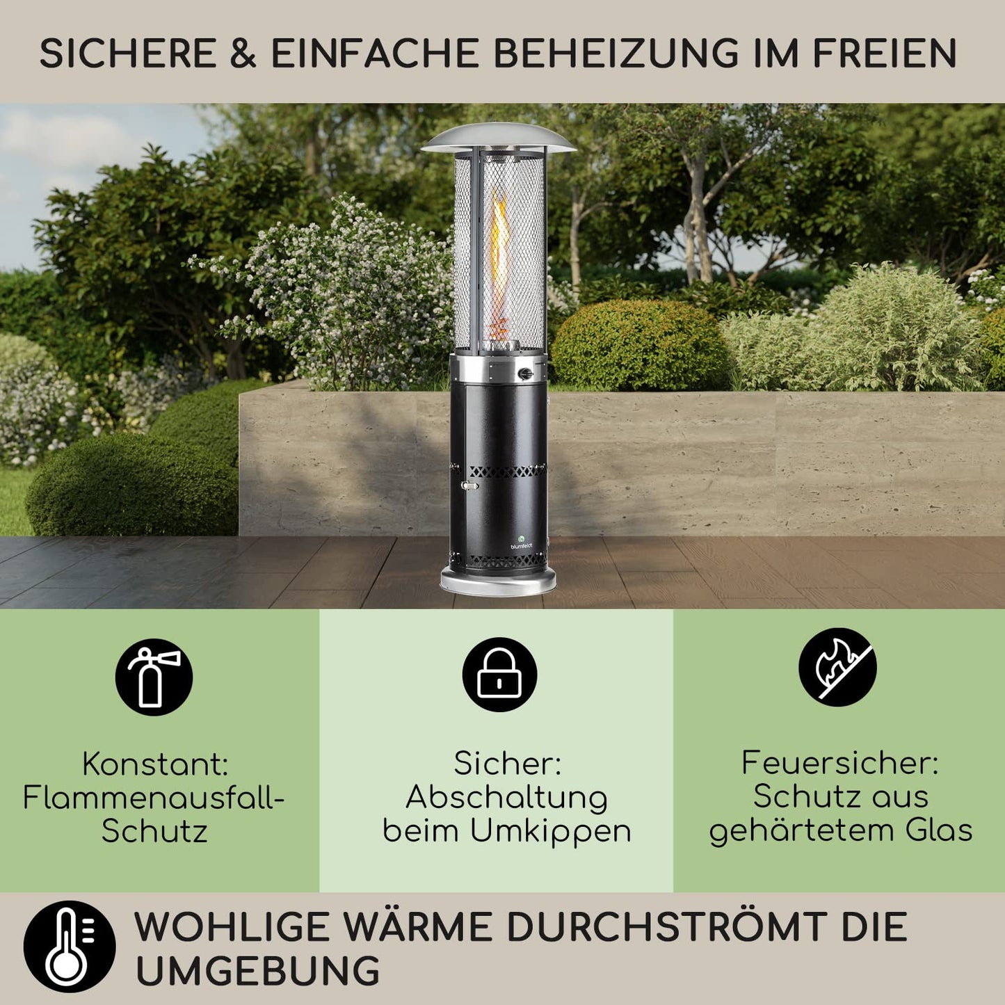 Blumfeldt Heizpilz Gas für Terrasse, Garten & Balkon, Terrassenheizer mit 360°Flammen-Blick, Outdoor-Gasheizstrahler, Terrassen-Heizer mit Elektrischer Zündung, Gas-Heizstrahler mit Bodenrollen