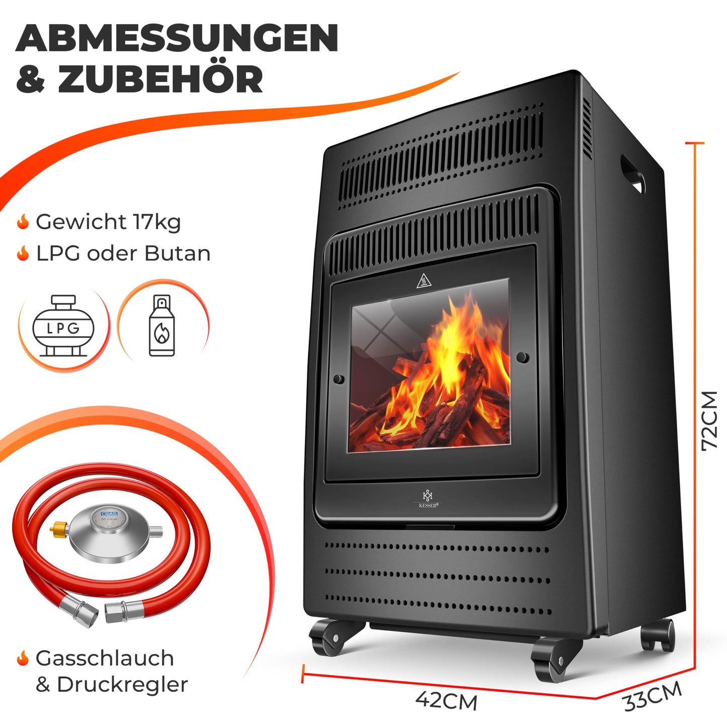 KESSER® Gasheizer Gasheizofen Heizstrahler 3,4 kW Gas Kamin inkl. Gasdruckregler & Gasschlauch, 2 Heizstufen Infrarot 3400W Gasheizstrahler Gasheizung Butan- oder Propangasflaschen bis 11kg Schwarz