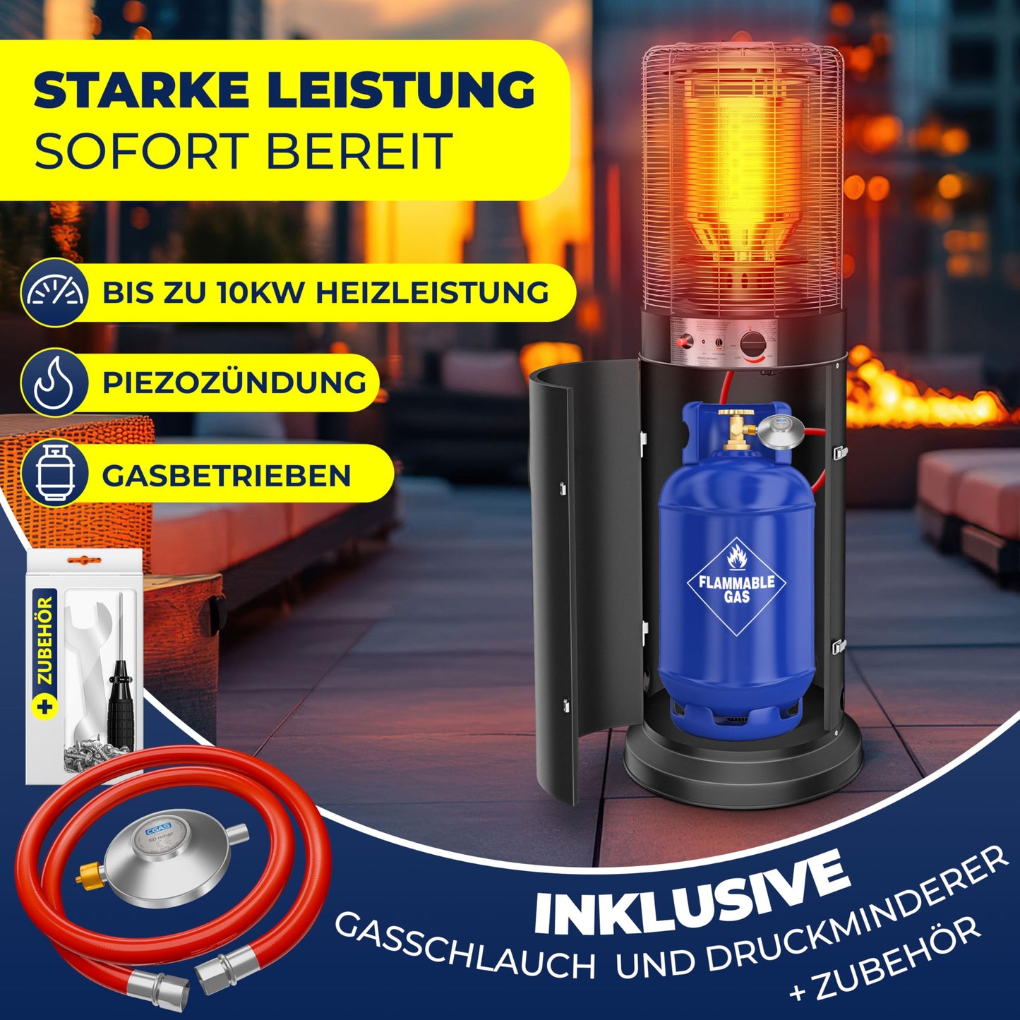 KESSER® Heizstrahler Gas KE12 Heizpilz für Terrasse Terrassenheizer Terrassenheizstrahler, Freiluftheizung 10 kW Gasheizstrahler gasheizer, Wärmestrahler, Heizgerät - inkl. Schutzhülle, Schwarz