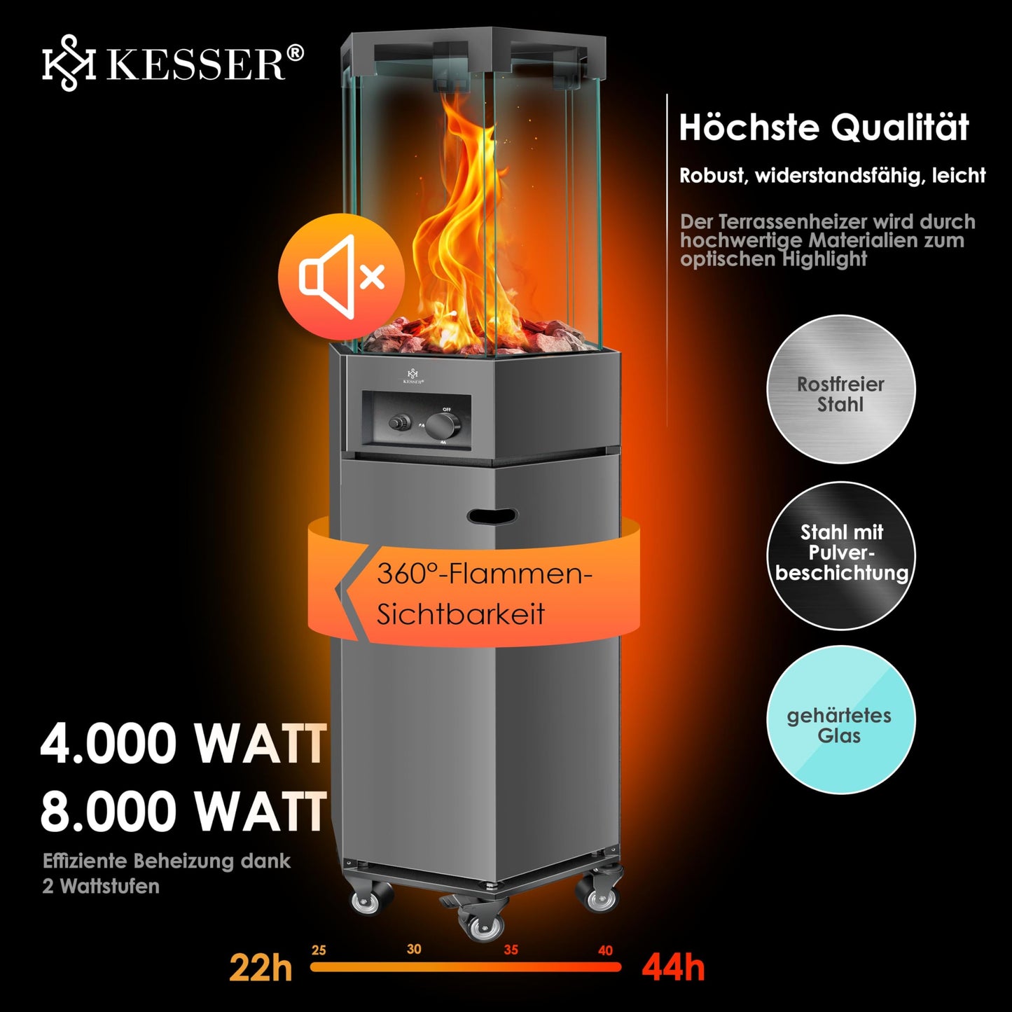 KESSER® Heizstrahler Gas Terrassenheizstrahler Gasheizungen Gasheizstrahler Gasheizer inkl. Schutzhülle Outdoor-Heizung Mobiler Heizpilz Flammenheizer, Pyramide Terrassenheizer, mit Bodenrollen