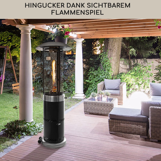 Blumfeldt Heizpilz Gas für Terrasse, Garten & Balkon, Terrassenheizer mit 360°Flammen-Blick, Outdoor-Gasheizstrahler, Terrassen-Heizer mit Elektrischer Zündung, Gas-Heizstrahler mit Bodenrollen