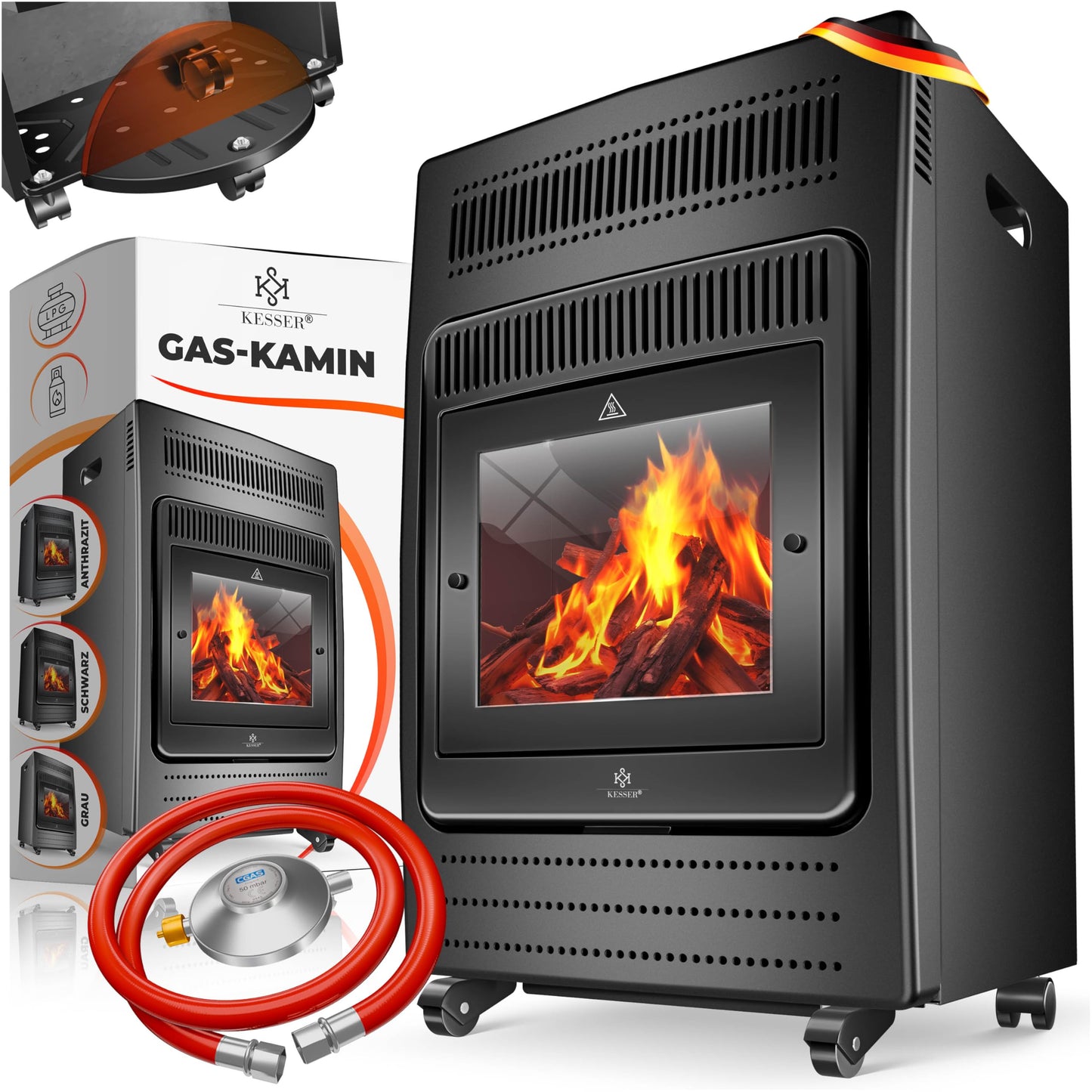 KESSER® Gasheizer Gasheizofen Heizstrahler 3,4 kW Gas Kamin inkl. Gasdruckregler & Gasschlauch, 2 Heizstufen Infrarot 3400W Gasheizstrahler Gasheizung Butan- oder Propangasflaschen bis 11kg Schwarz