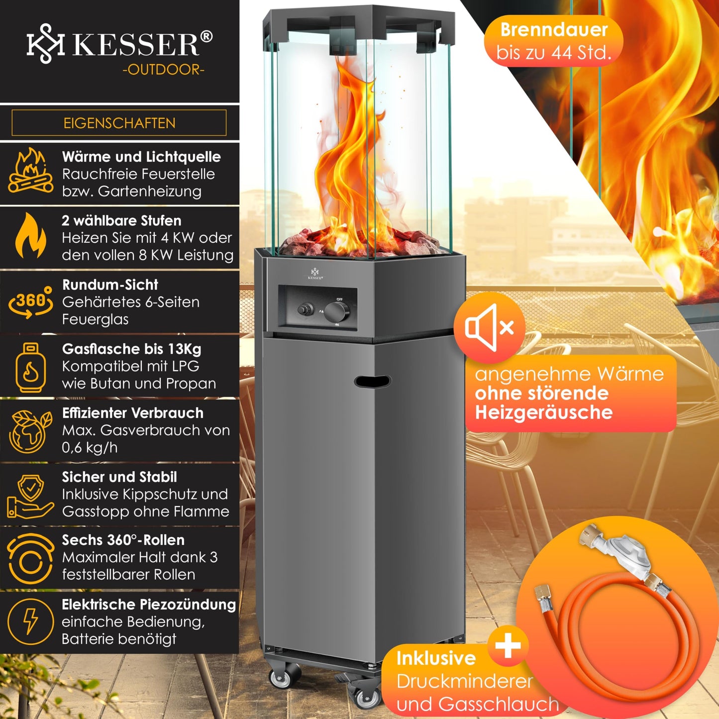 KESSER® Heizstrahler Gas Terrassenheizstrahler Gasheizungen Gasheizstrahler Gasheizer inkl. Schutzhülle Outdoor-Heizung Mobiler Heizpilz Flammenheizer, Pyramide Terrassenheizer, mit Bodenrollen