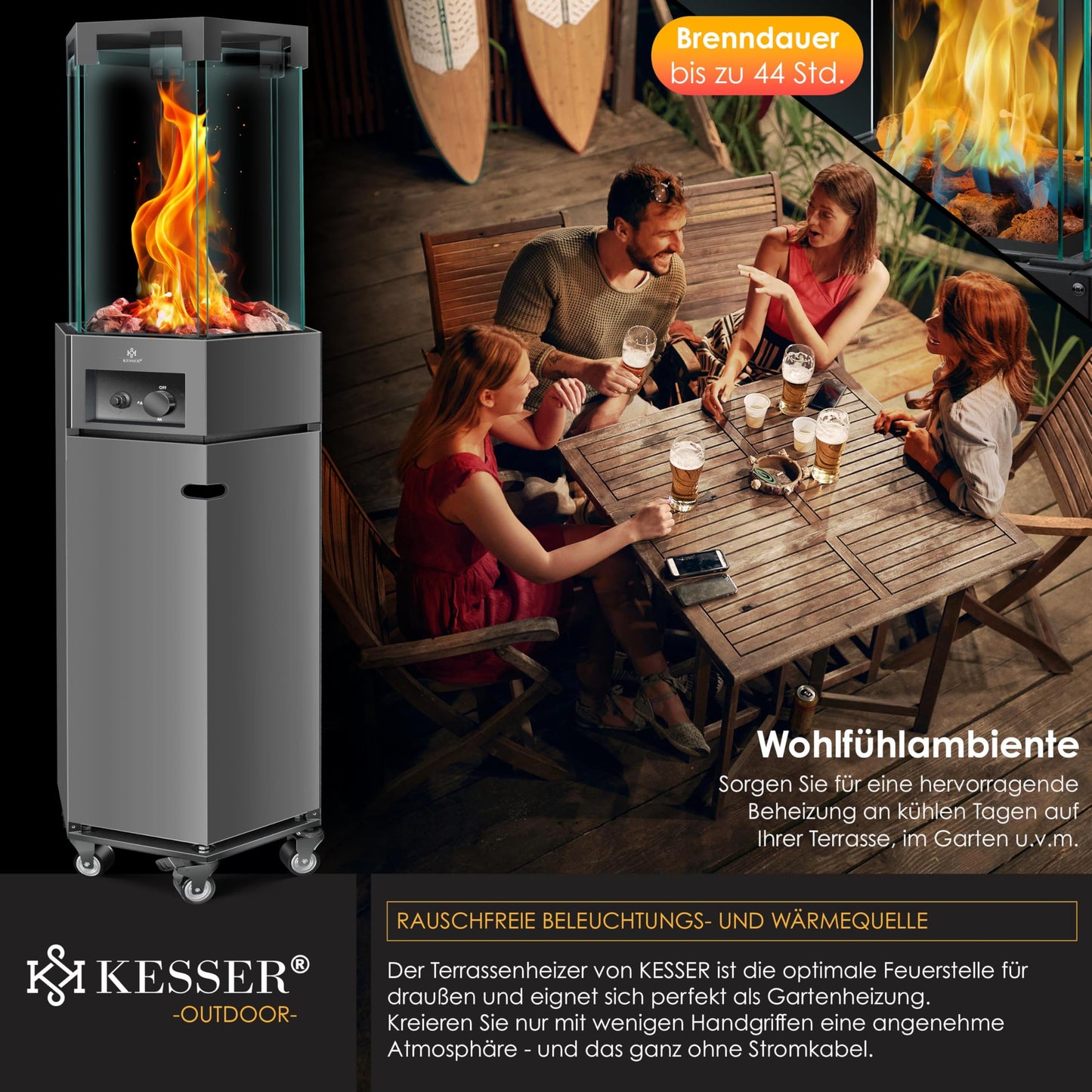 KESSER® Heizstrahler Gas Terrassenheizstrahler Gasheizungen Gasheizstrahler Gasheizer inkl. Schutzhülle Outdoor-Heizung Mobiler Heizpilz Flammenheizer, Pyramide Terrassenheizer, mit Bodenrollen