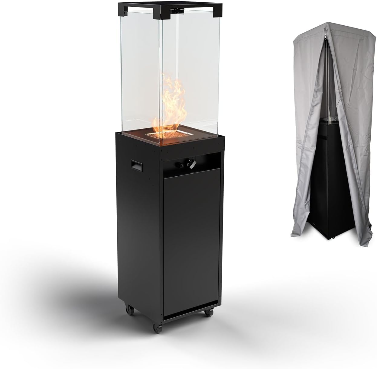Planika - Faro – Terrassenheizer Gas schwarzer, 8kW tragbarer und freistehender, Propan Heizpilz für Ihren Garten und Terrasse (Faro + Abdeckung), 36 x 36 x 150 cm