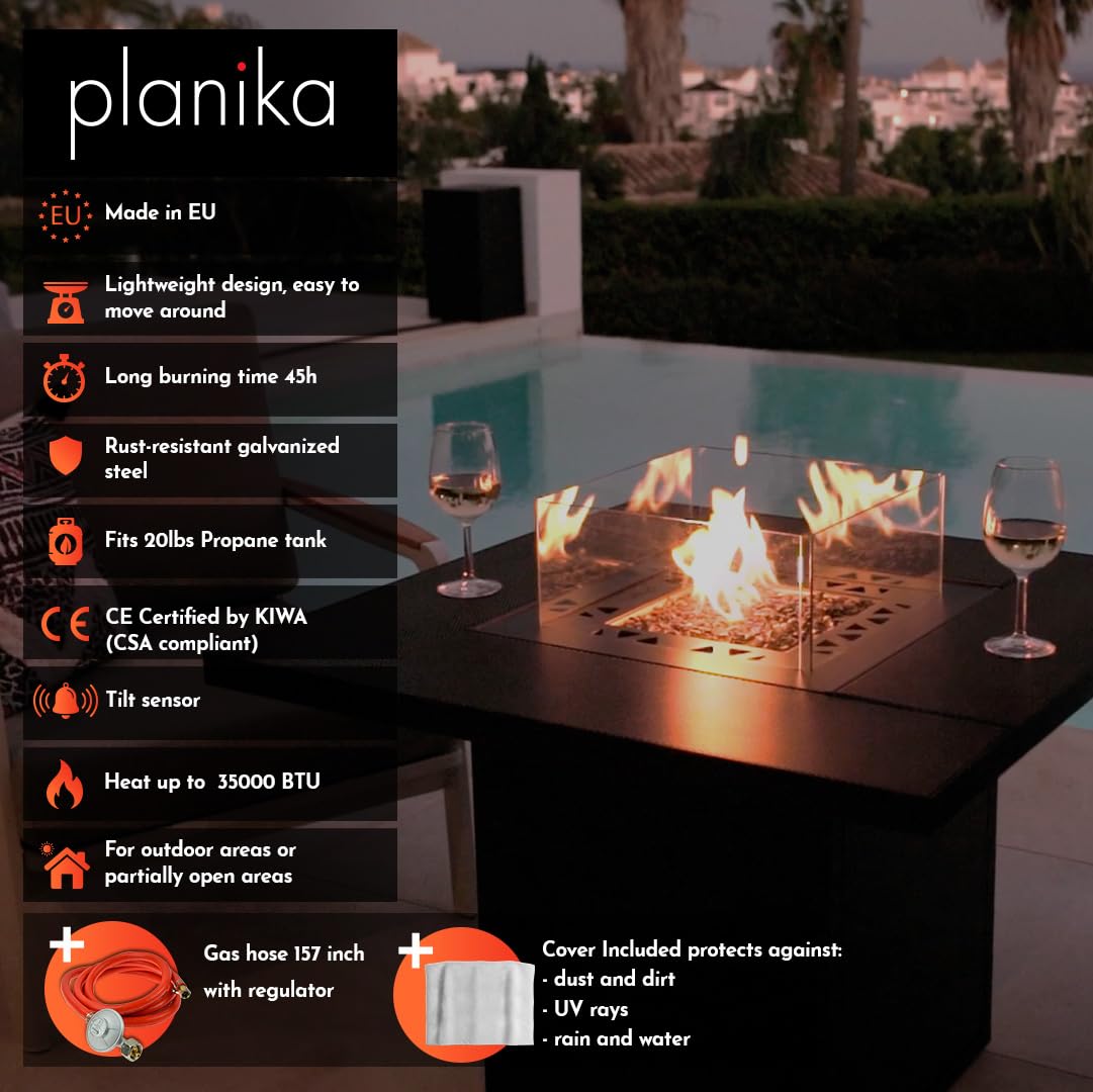 Planika Square Table Feuerstelle Gas mit Tisch Outdoor - Außenkamin Feuerstelle Outdoor Terrassenfeuer Balkonfeuerstelle Feuerschale Tisch - Feuertisch mit Abdeckung