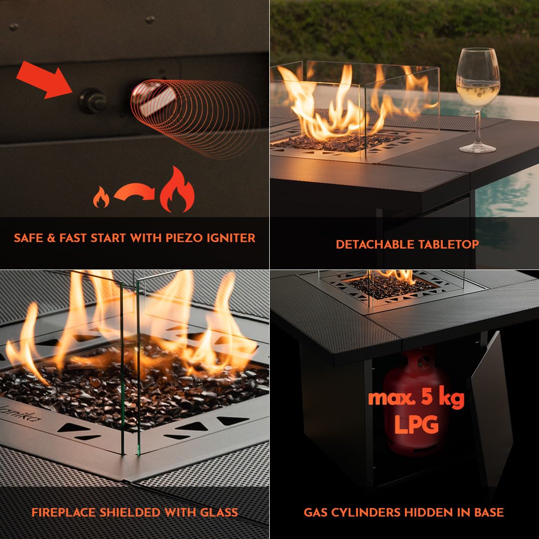 Planika Square Table Feuerstelle Gas mit Tisch Outdoor - Außenkamin Feuerstelle Outdoor Terrassenfeuer Balkonfeuerstelle Feuerschale Tisch - Feuertisch mit Abdeckung
