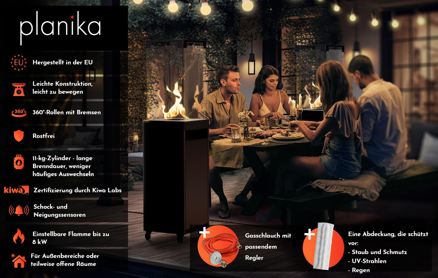Planika - Faro – Terrassenheizer Gas schwarzer, 8kW tragbarer und freistehender, Propan Heizpilz für Ihren Garten und Terrasse (Faro + Abdeckung), 36 x 36 x 150 cm