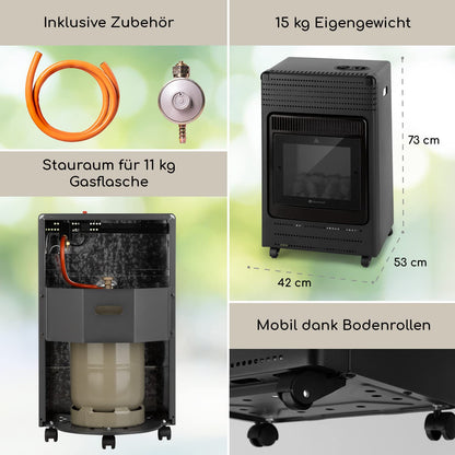 blumfeldt Andora Flame Gasheizofen - zwei Heizstufen mit 2 oder 3,4 kW, bis 11 kg Gasflaschen, Heizfläche: bis 68 m², inkl. Schlauch und Druckminderer, Feuerschein, elektrisches Zündsystem, schwarz