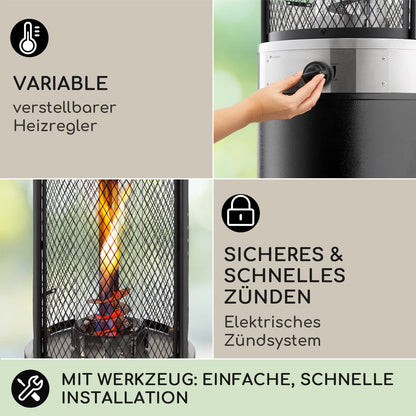 Blumfeldt Heizpilz Gas für Terrasse, Garten & Balkon, Terrassenheizer mit 360°Flammen-Blick, Outdoor-Gasheizstrahler, Terrassen-Heizer mit Elektrischer Zündung, Gas-Heizstrahler mit Bodenrollen
