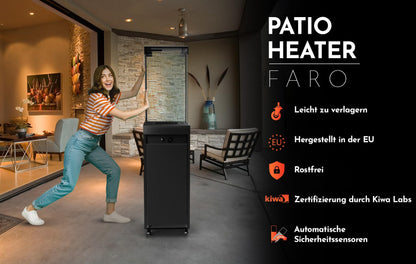 Planika - Faro – Terrassenheizer Gas schwarzer, 8kW tragbarer und freistehender, Propan Heizpilz für Ihren Garten und Terrasse (Faro + Abdeckung), 36 x 36 x 150 cm