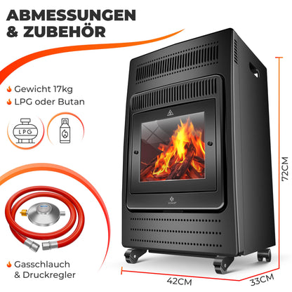KESSER® Gasheizer Gasheizofen Heizstrahler 3,4 kW Gas Kamin inkl. Gasdruckregler & Gasschlauch, 2 Heizstufen Infrarot 3400W Gasheizstrahler Gasheizung Butan- oder Propangasflaschen bis 11kg Schwarz