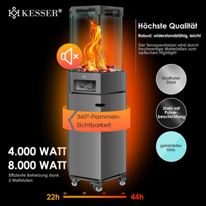 KESSER® Heizstrahler Gas Terrassenheizstrahler Gasheizungen Gasheizstrahler Gasheizer inkl. Schutzhülle Outdoor-Heizung Mobiler Heizpilz Flammenheizer, Pyramide Terrassenheizer, mit Bodenrollen