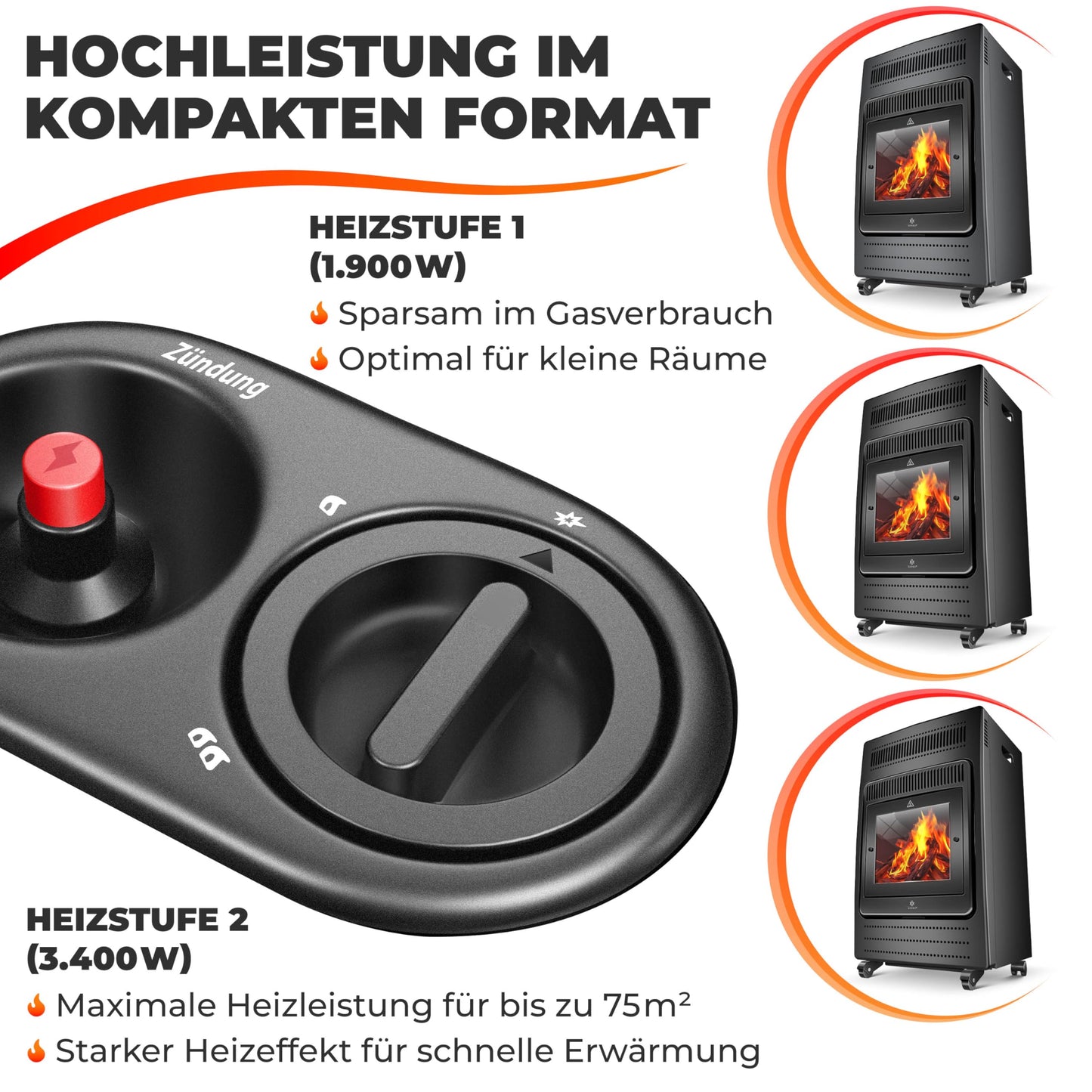 KESSER® Gasheizer Gasheizofen Heizstrahler 3,4 kW Gas Kamin inkl. Gasdruckregler & Gasschlauch, 2 Heizstufen Infrarot 3400W Gasheizstrahler Gasheizung Butan- oder Propangasflaschen bis 11kg Schwarz