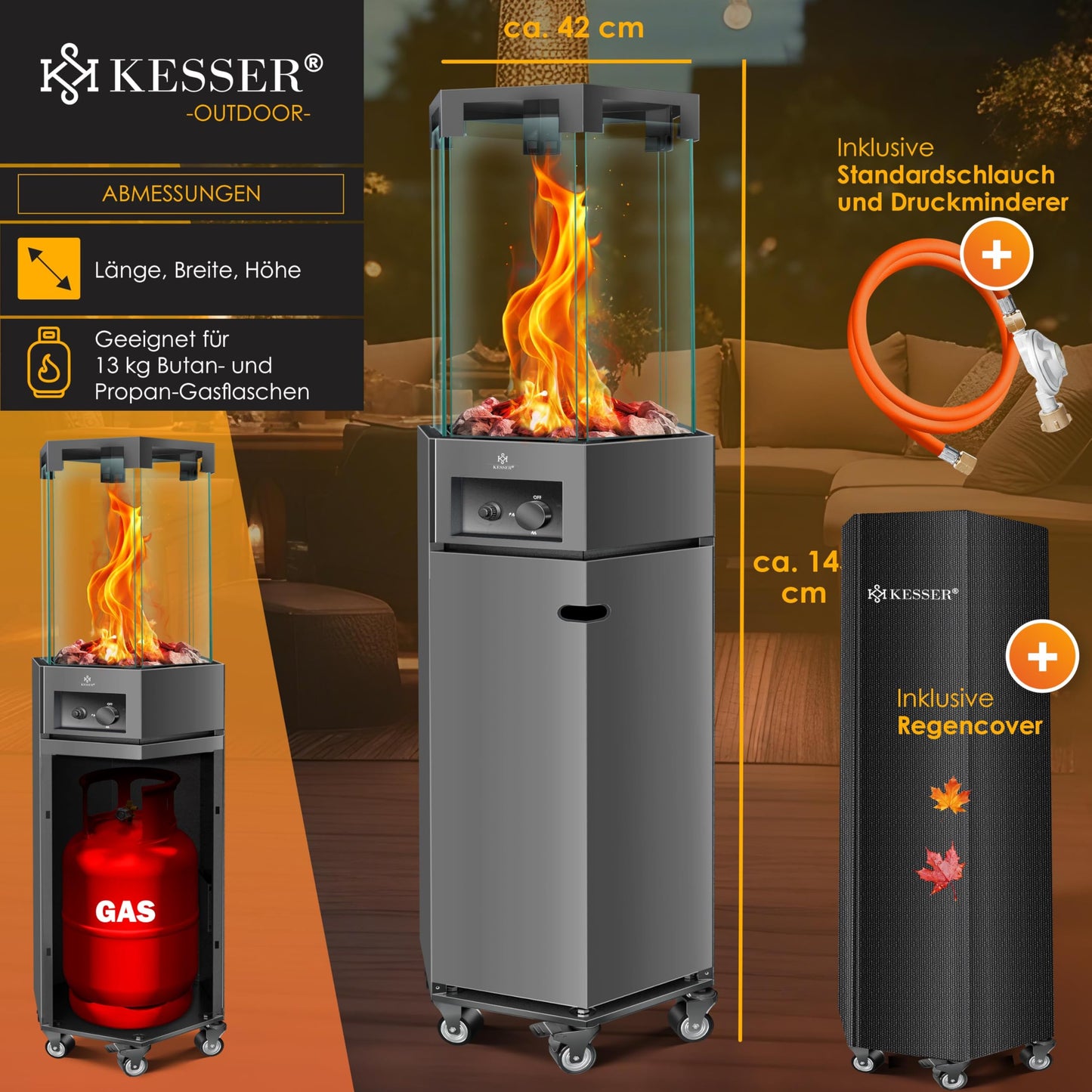 KESSER® Heizstrahler Gas Terrassenheizstrahler Gasheizungen Gasheizstrahler Gasheizer inkl. Schutzhülle Outdoor-Heizung Mobiler Heizpilz Flammenheizer, Pyramide Terrassenheizer, mit Bodenrollen