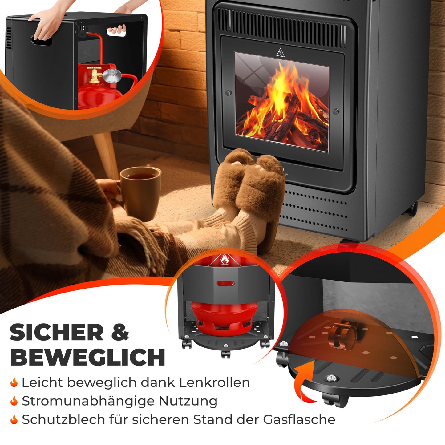 KESSER® Gasheizer Gasheizofen Heizstrahler 3,4 kW Gas Kamin inkl. Gasdruckregler & Gasschlauch, 2 Heizstufen Infrarot 3400W Gasheizstrahler Gasheizung Butan- oder Propangasflaschen bis 11kg Schwarz
