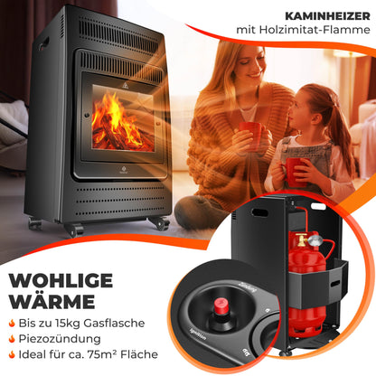 KESSER® Gasheizer Gasheizofen Heizstrahler 3,4 kW Gas Kamin inkl. Gasdruckregler & Gasschlauch, 2 Heizstufen Infrarot 3400W Gasheizstrahler Gasheizung Butan- oder Propangasflaschen bis 11kg Schwarz