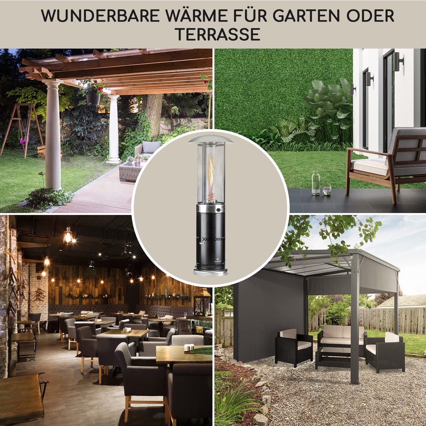 Blumfeldt Heizpilz Gas für Terrasse, Garten & Balkon, Terrassenheizer mit 360°Flammen-Blick, Outdoor-Gasheizstrahler, Terrassen-Heizer mit Elektrischer Zündung, Gas-Heizstrahler mit Bodenrollen