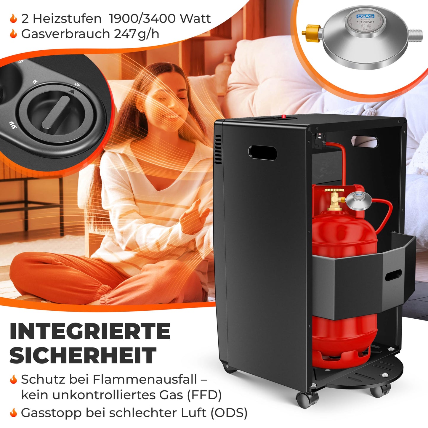 KESSER® Gasheizer Gasheizofen Heizstrahler 3,4 kW Gas Kamin inkl. Gasdruckregler & Gasschlauch, 2 Heizstufen Infrarot 3400W Gasheizstrahler Gasheizung Butan- oder Propangasflaschen bis 11kg Schwarz