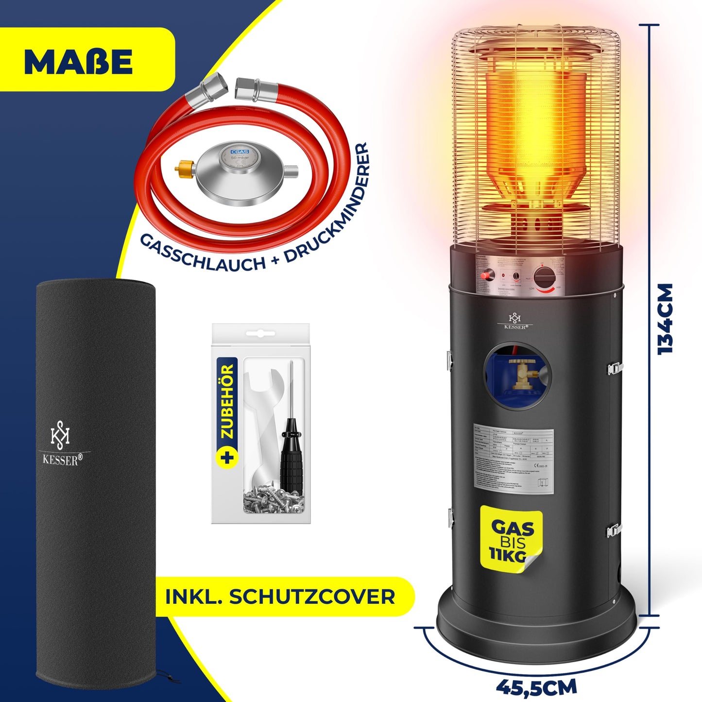 KESSER® Heizstrahler Gas KE12 Heizpilz für Terrasse Terrassenheizer Terrassenheizstrahler, Freiluftheizung 10 kW Gasheizstrahler gasheizer, Wärmestrahler, Heizgerät - inkl. Schutzhülle, Schwarz