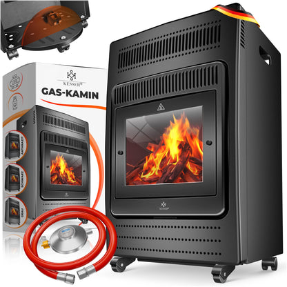 KESSER® Gasheizer Gasheizofen Heizstrahler 3,4 kW Gas Kamin inkl. Gasdruckregler & Gasschlauch, 2 Heizstufen Infrarot 3400W Gasheizstrahler Gasheizung Butan- oder Propangasflaschen bis 11kg Schwarz