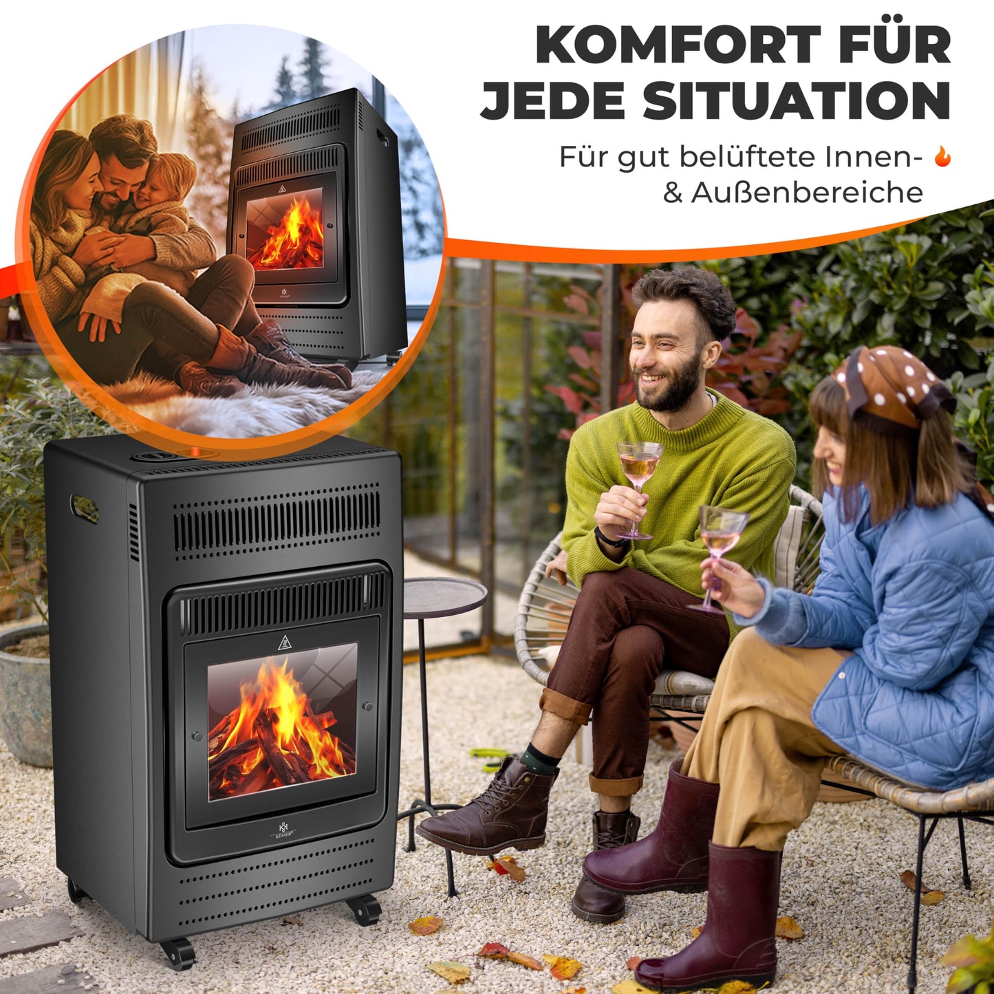KESSER® Gasheizer Gasheizofen Heizstrahler 3,4 kW Gas Kamin inkl. Gasdruckregler & Gasschlauch, 2 Heizstufen Infrarot 3400W Gasheizstrahler Gasheizung Butan- oder Propangasflaschen bis 11kg Schwarz