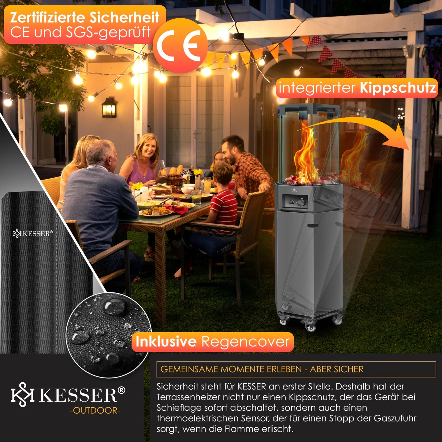 KESSER® Heizstrahler Gas Terrassenheizstrahler Gasheizungen Gasheizstrahler Gasheizer inkl. Schutzhülle Outdoor-Heizung Mobiler Heizpilz Flammenheizer, Pyramide Terrassenheizer, mit Bodenrollen